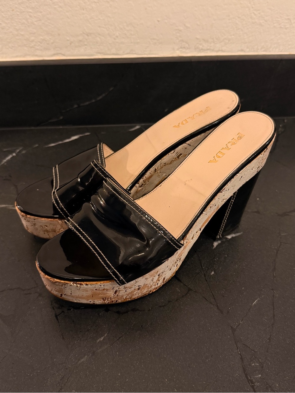 Prada Black Patent Leather Cork-Effect Platform Mules